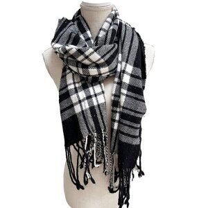 Banana Republic Black and White Plaid Scarf with Fringe Detail